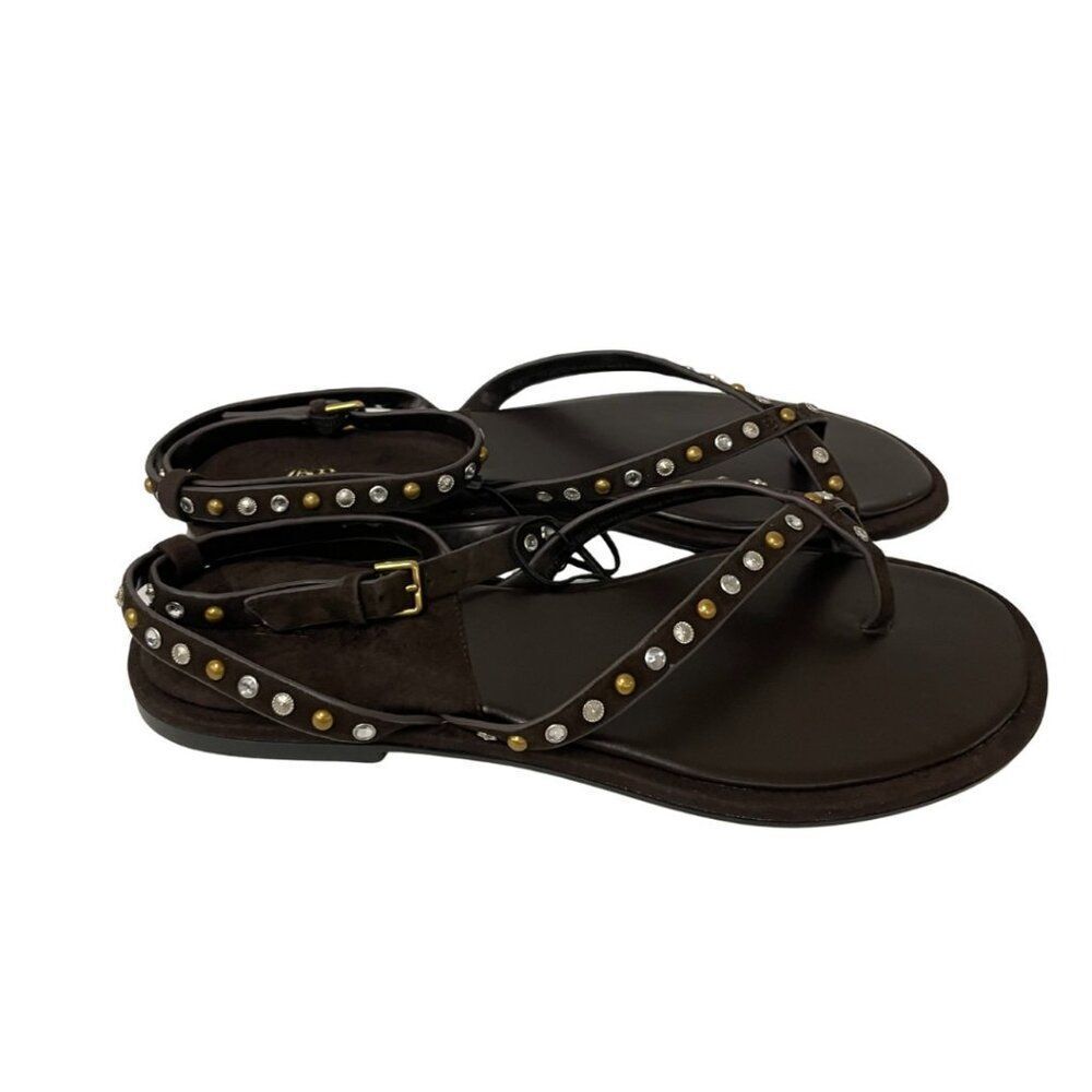 Zara Women Beaded Leather Sandals EU 41 US 10 Brown Ankle strap 1614/610 NWOB - Picture 5 of 11